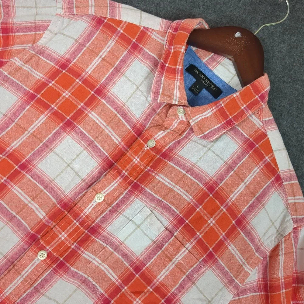 Banana Republic Slim Fit Plaid Button Down Shirt Mens Large Orange White Linen